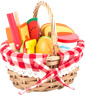 Picknickkorb mit rot-weißen-Innenstoff gefüllt mit Lebensmitteln aus Holz