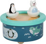 Blaue Spieluhr aus Holz mit Pinguin und Eisbär-Figuren