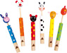 Sechs bunte Tier-Flöten aus Holz für Kinder